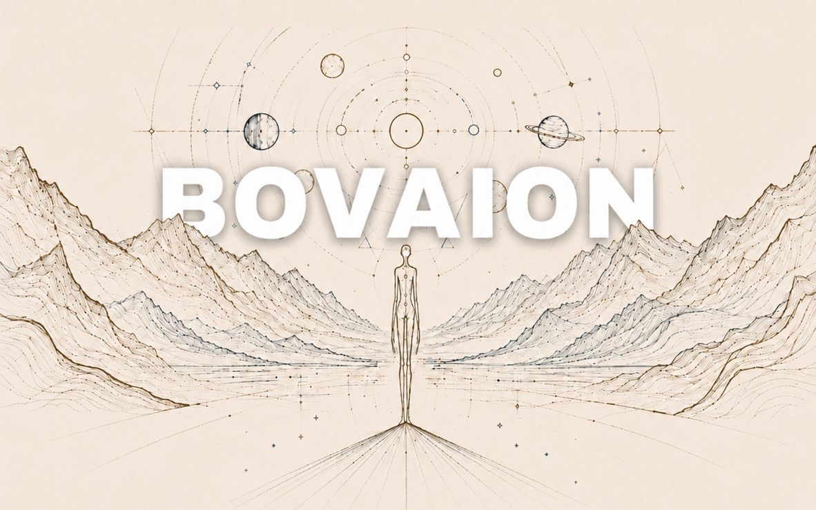 Line drawing of mountains and celestial bodies with an abstract human figure and the word "BOVAION" in bold white letters over the center.