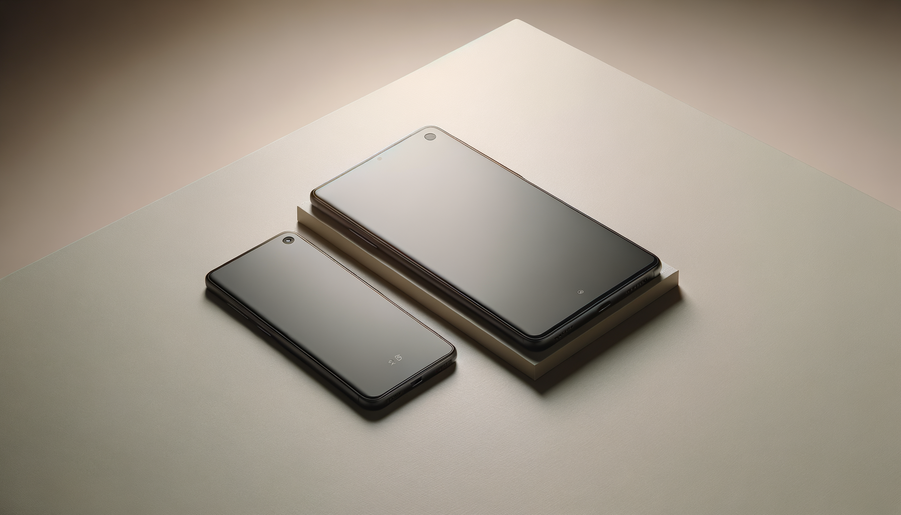 Two modern smartphones, one black and one beige, are lying on a light-colored textured surface. The black phone is on the left, displaying the number 25, and the beige phone is placed on top of a small white box, with a large screen and a front camera visible.