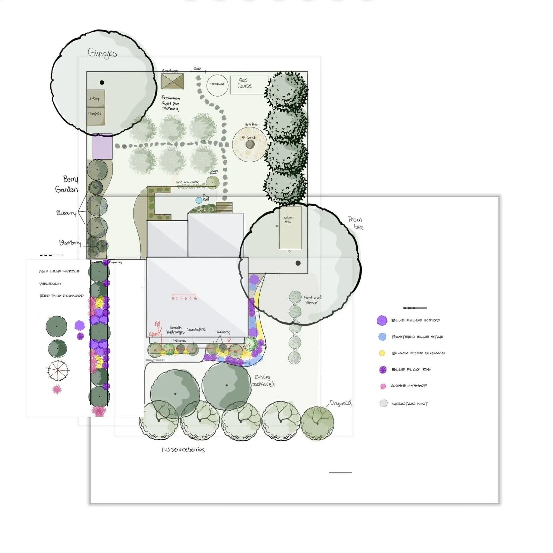 A detailed landscape plan of a garden and outdoor area, including trees, flower beds, a children's course, firepit, patio, and various plantings, with labeled sections and a legend.