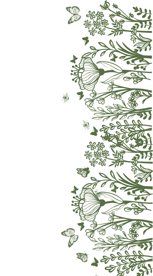 Green floral pattern with various flowers, leaves, and butterflies on a white background.
