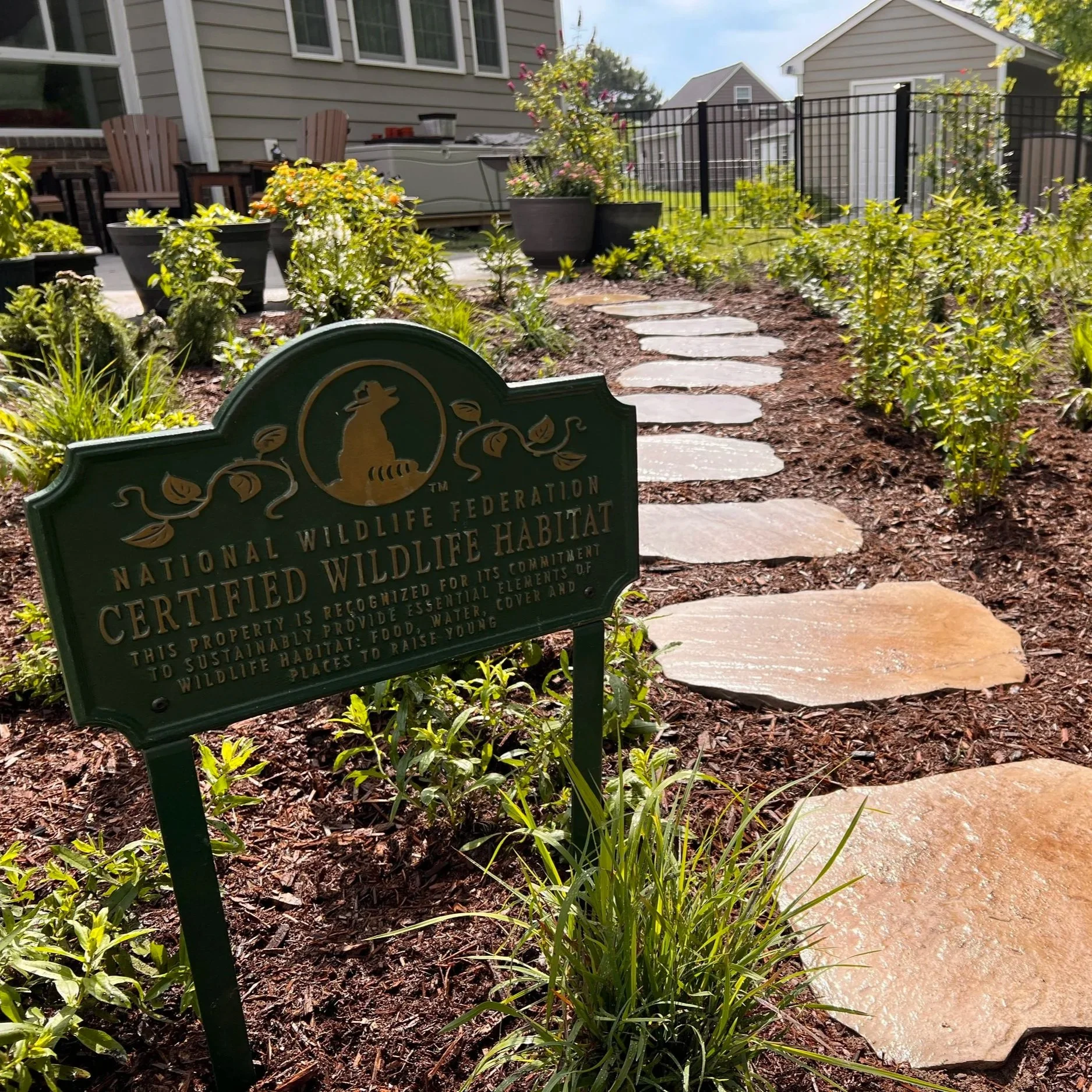 A garden with stepping stone walkway, potted plants, shrubs, and a fenced backyard, with houses and trees in the background.