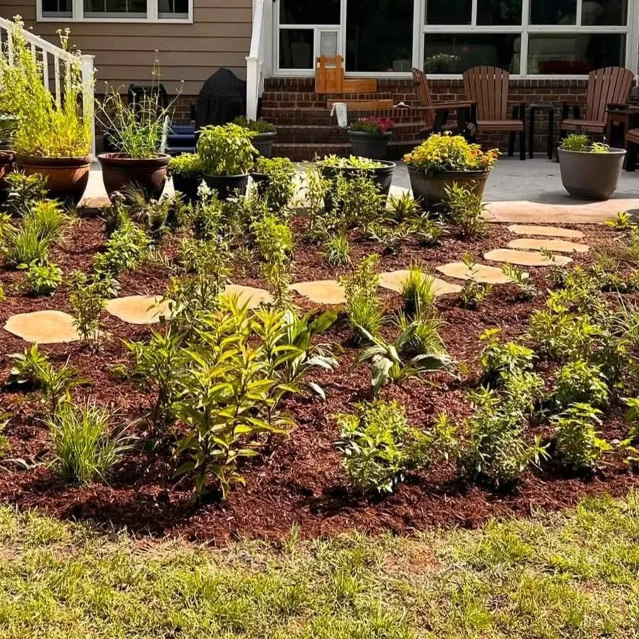 Evergreen Eco-Scapes Project; Ecological Landscaping; A backyard garden with young plants and shrubs, stone pathway, patio area with chairs and potted plants, and steps leading to a house.