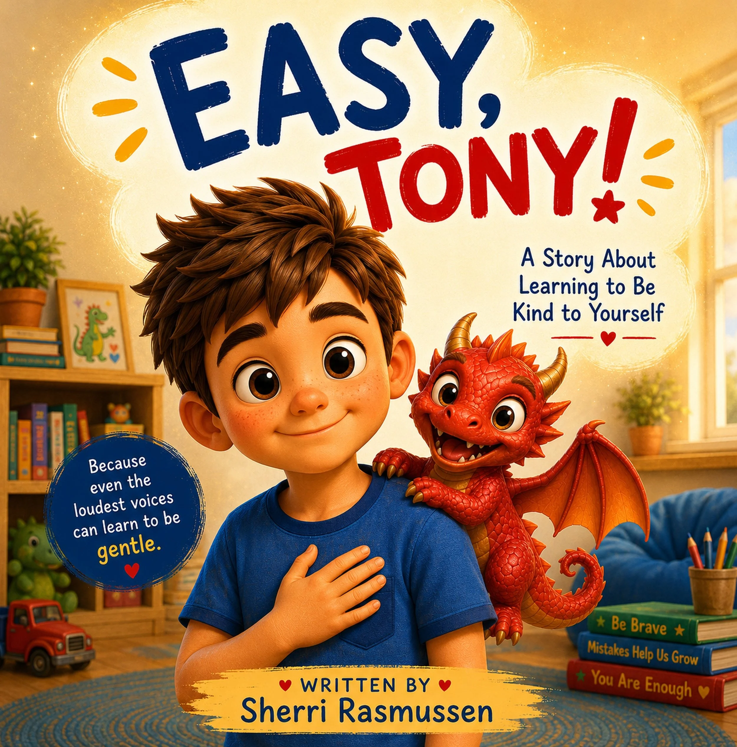 Cover of a children's book titled 'Easy, Tony!' with an illustrated boy with brown hair and big eyes, wearing a blue shirt, holding his hand over his heart, standing in a colorful classroom setting with books and toys. The subtitle reads 'A story about learning to be kind to yourself.'