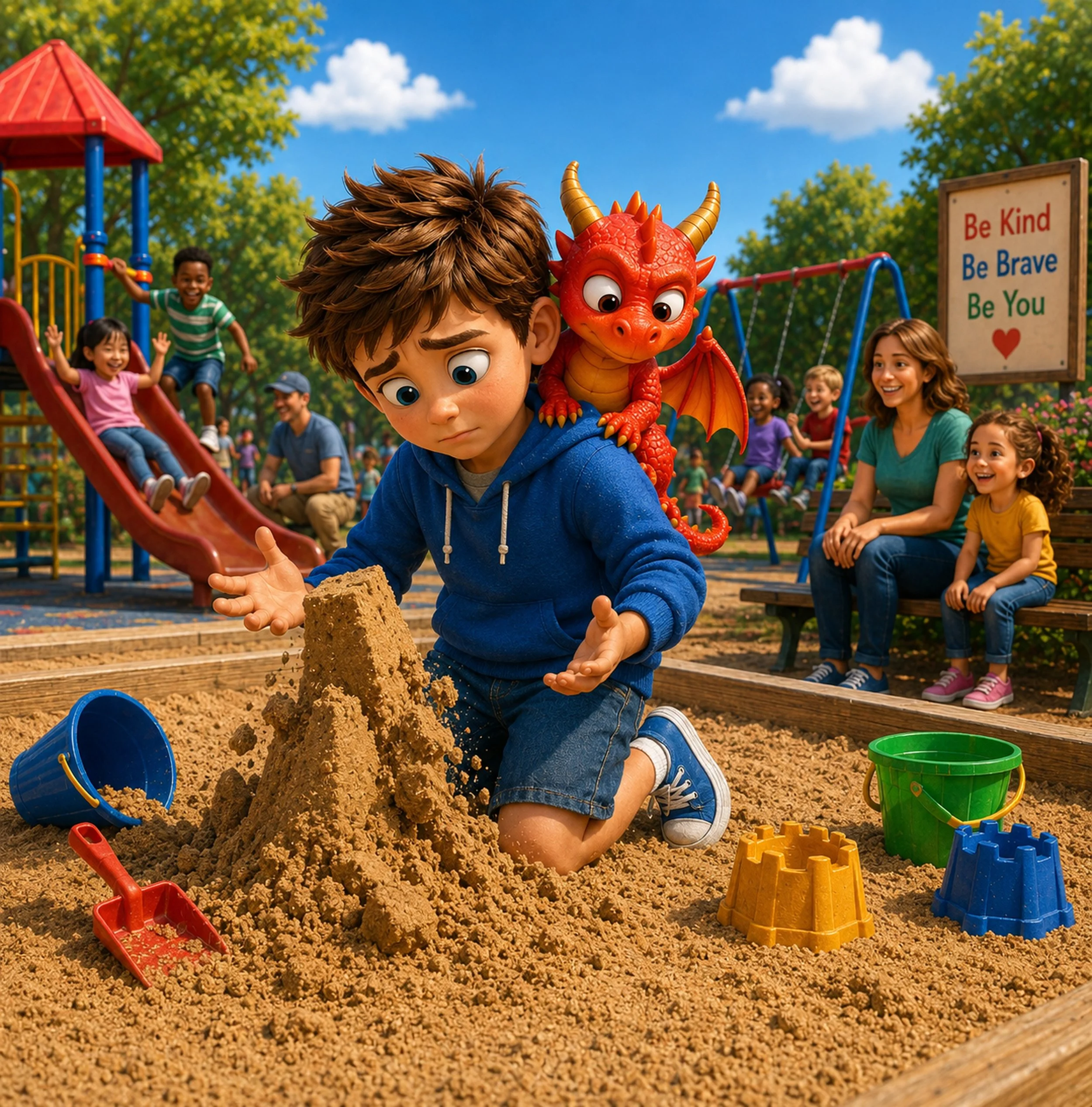 Children playing in a playground with Sam digging in the sandbox while Tony watches. Other children and adults are visible in the background.
