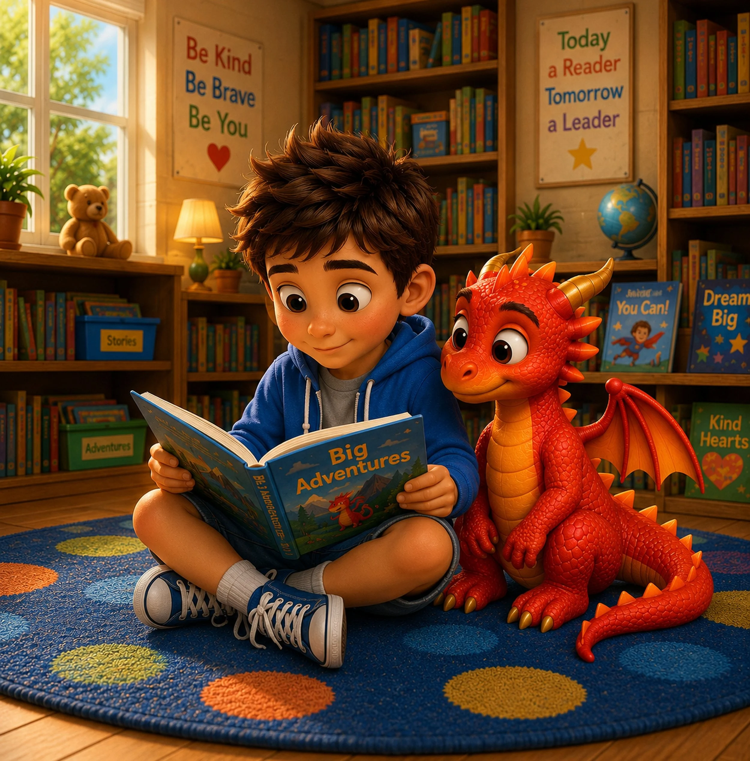Sam sitting cross-legged on a colorful circular rug in a library reading a book with Tony next to him.