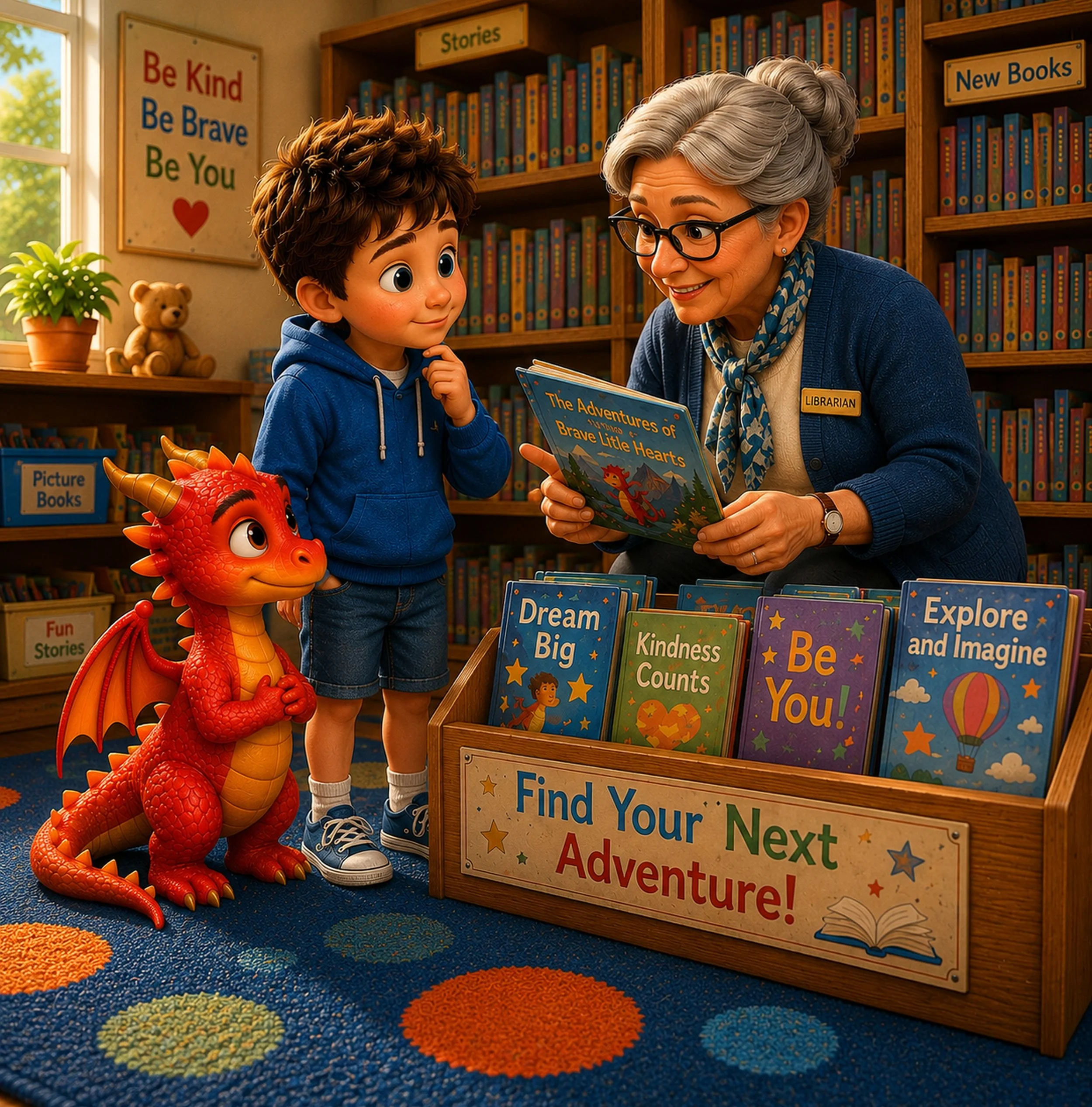 Sam and Tony in a library. An elderly female librarian with gray hair, glasses, and a name tag reading 'Librarian,' is smiling and holding a children's book titled 'The Adventures of Brave Little Hearts.'