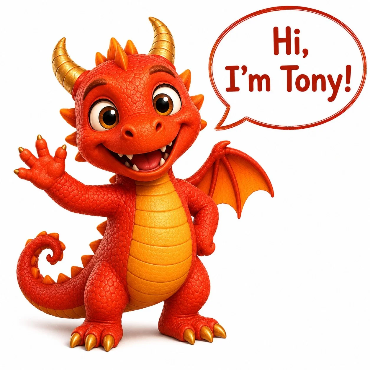 A cartoon red dragon with big eyes, golden horns, and small wings, smiling and waving, from the picture book Easy, Tony! Speech bubble says, "Hi, I'm Tony!"