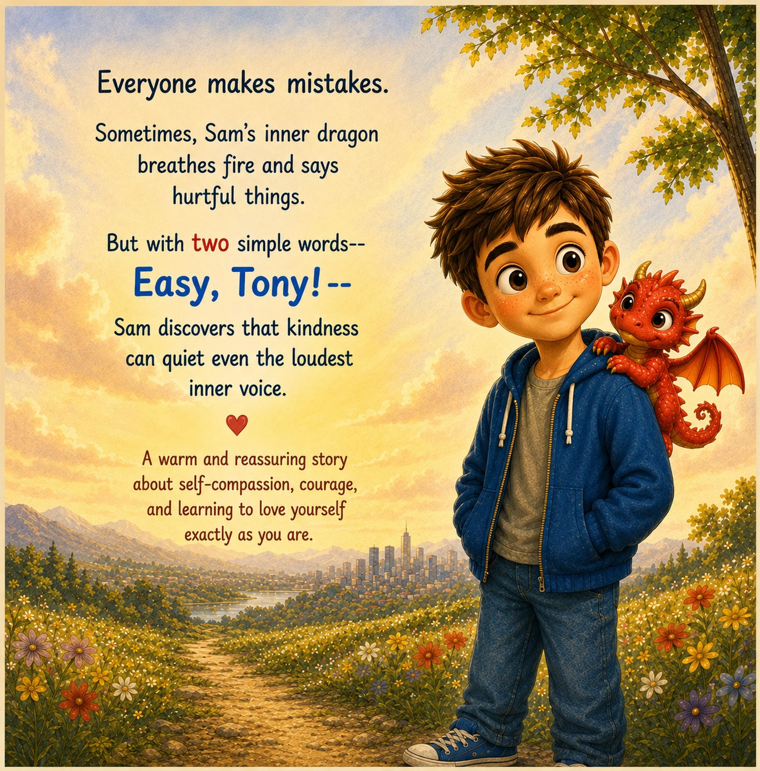 Back cover of Easy, Tony! showing Sam holding a small toy dragon on a flower-lined path with mountains in the background.