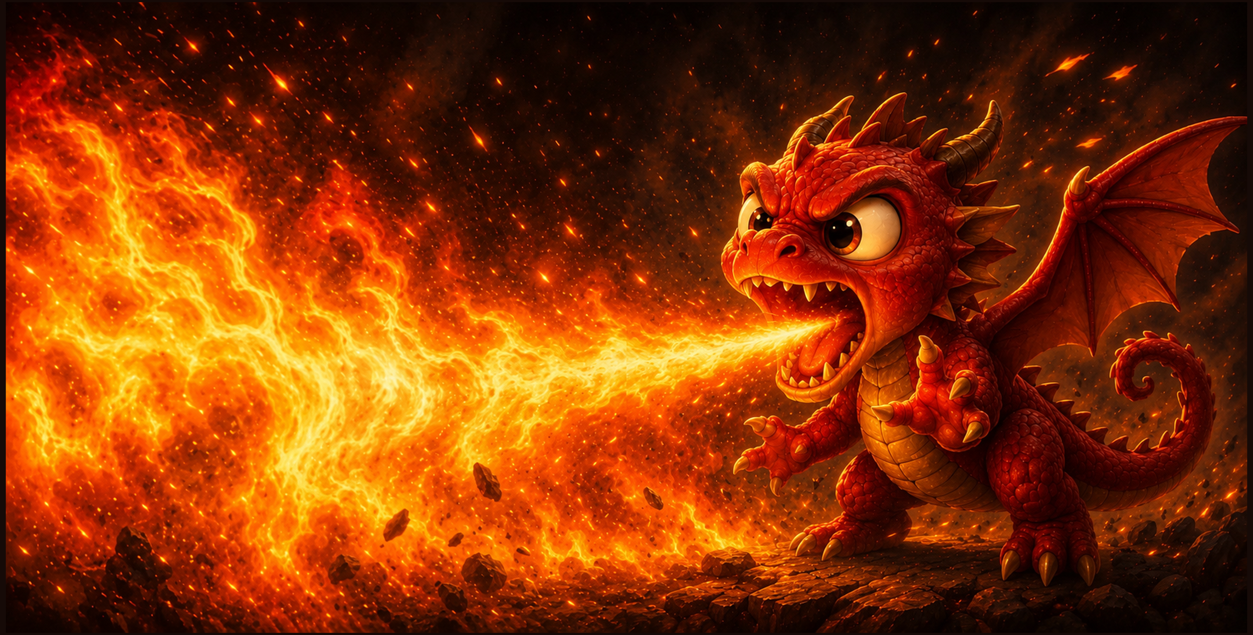 Tony breathing fire against a fiery, volcanic background with glowing embers and rocks.
