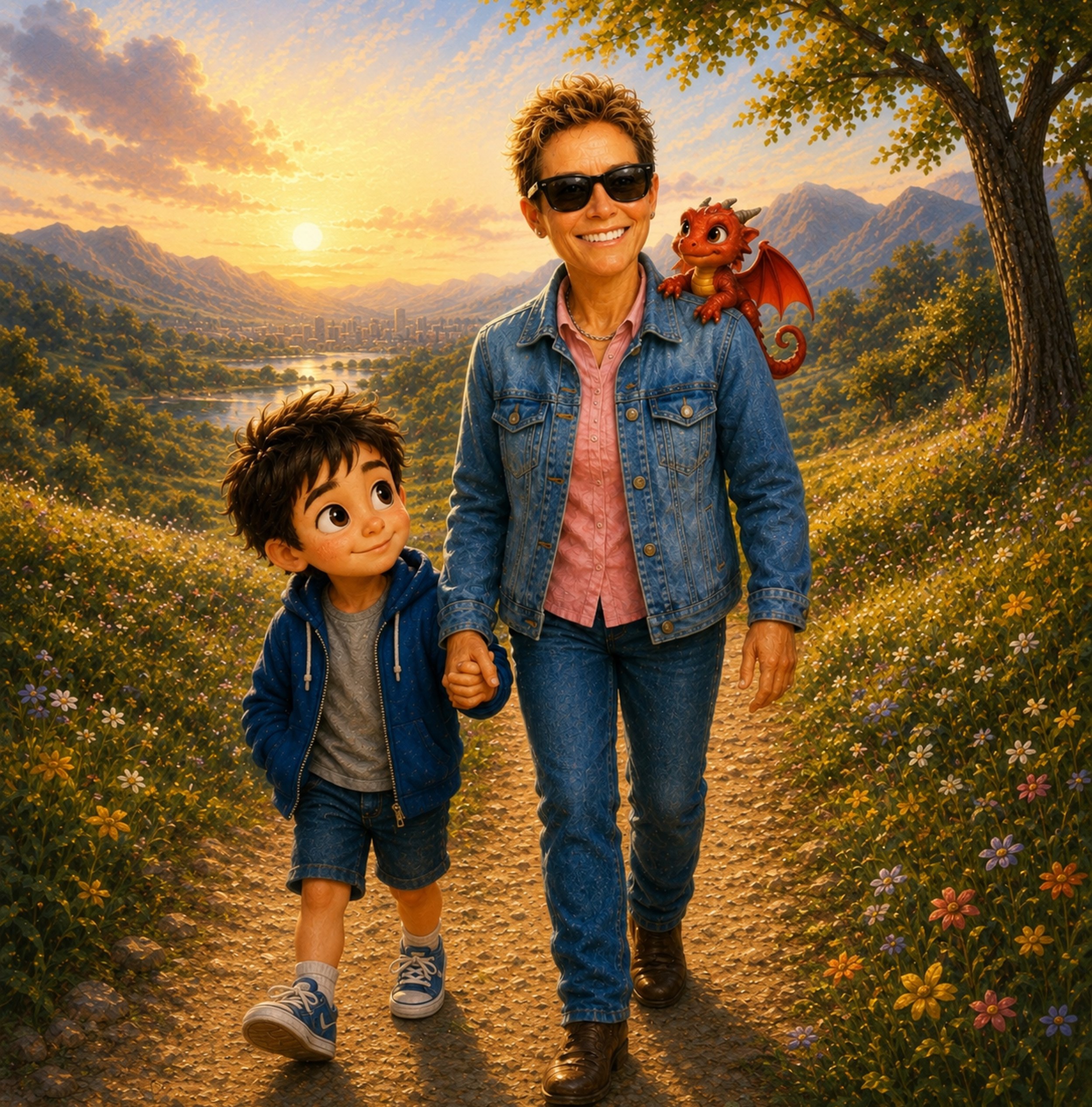 Sherri (author) walking with Sam on a flower-lined trail at sunset, with Tony the dragon plush on her shoulder, from Easy, Tony!