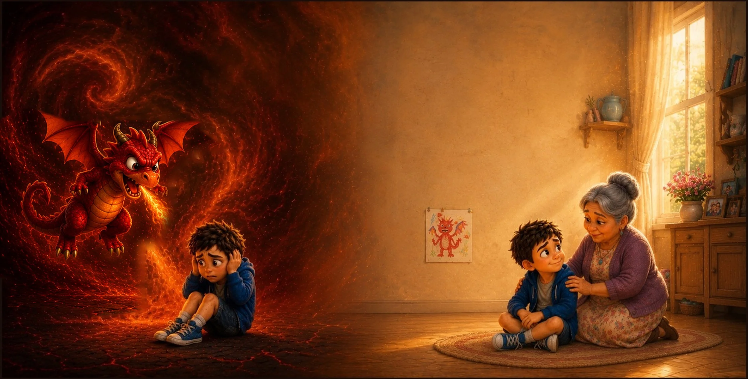 Sam and grandmother sitting on the floor in a cozy room, with Tony on a fiery swirling background.