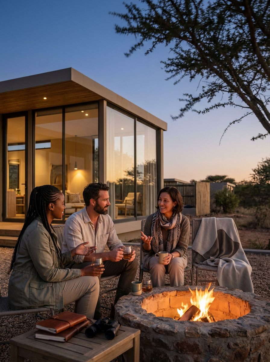 Three people sitting around a fire pit outside at sunset, talking and drinking glasses, with a modern house with large glass windows in the background.
