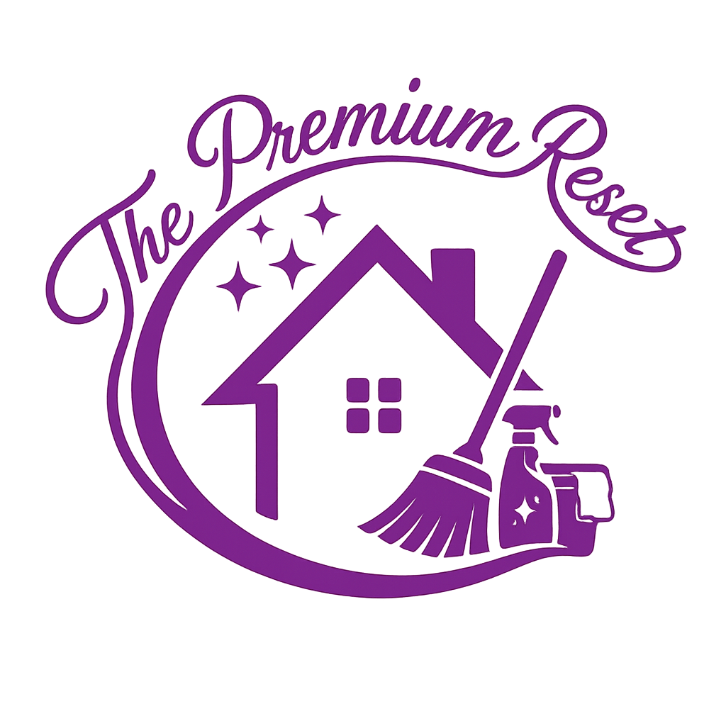 Logo with the text 'The Premium Reset' in purple, featuring a house, broom, spray bottle, and a cup.