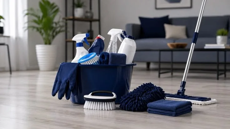 Cleaning supplies including spray bottles, gloves, scrub brush, mop, and cloths on a hardwood floor in a living room.