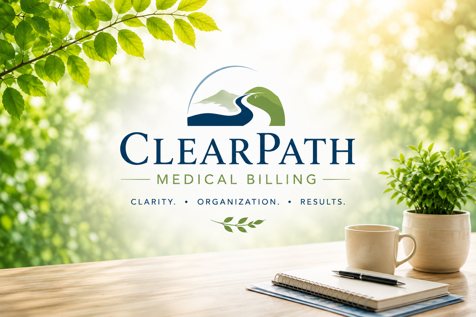 A logo for ClearPath Medical Billing with a mountain, river, and green hills, surrounded by green leaves. The background shows a bright, sunny, outdoor setting with blurred greenery. On the table in front are a notebook, a pen, a mug, and a potted plant.