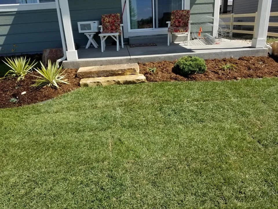 natural stone steps accompanied with mulch, plants, and shrubs
