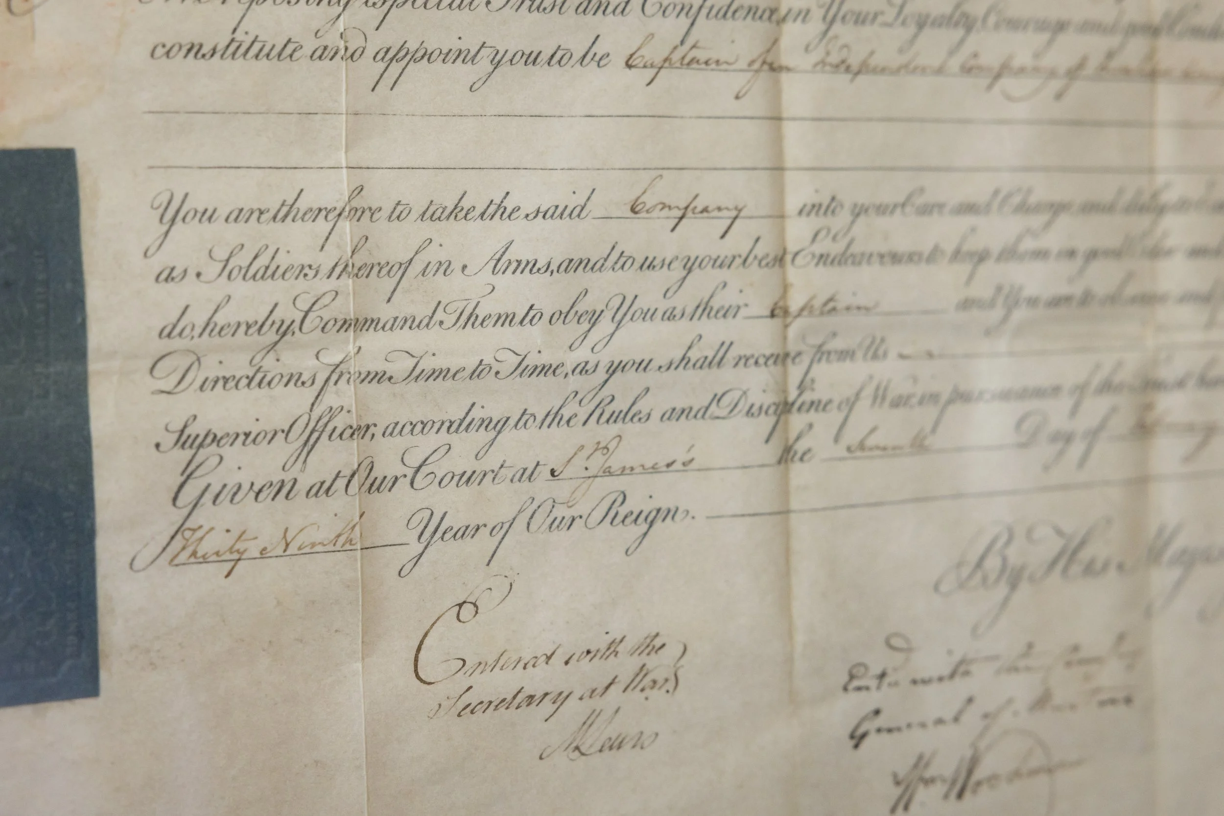 Detail of printed text and manuscript endorsements on the 1799 Royal Military Commission.