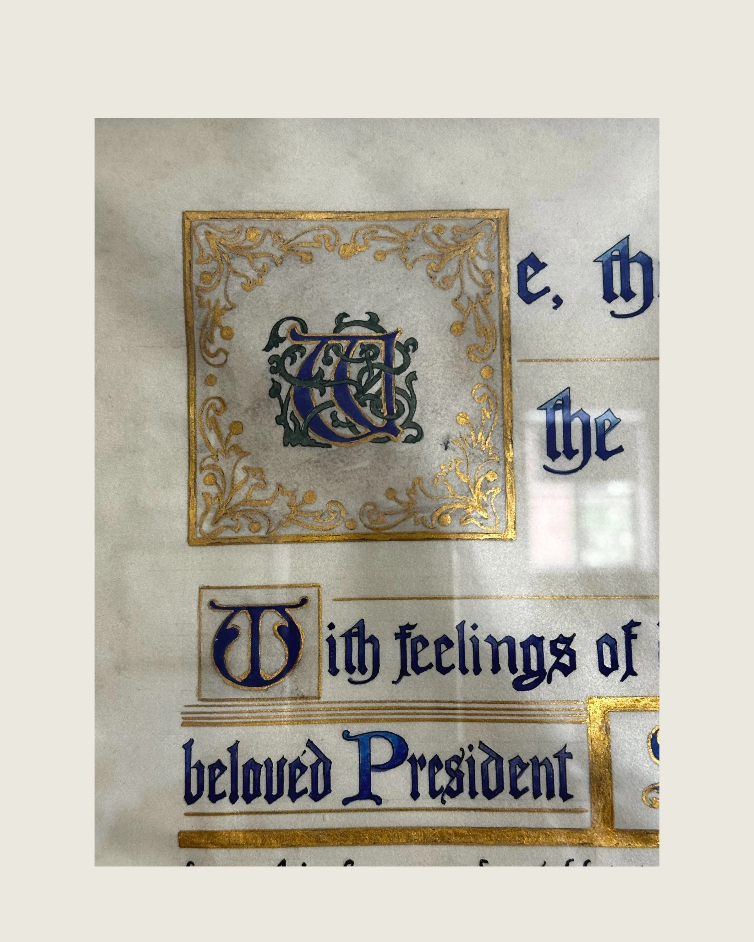 Detail of the illuminated opening and formal text of the 1915 Ellin Prince Speyer testimonial.