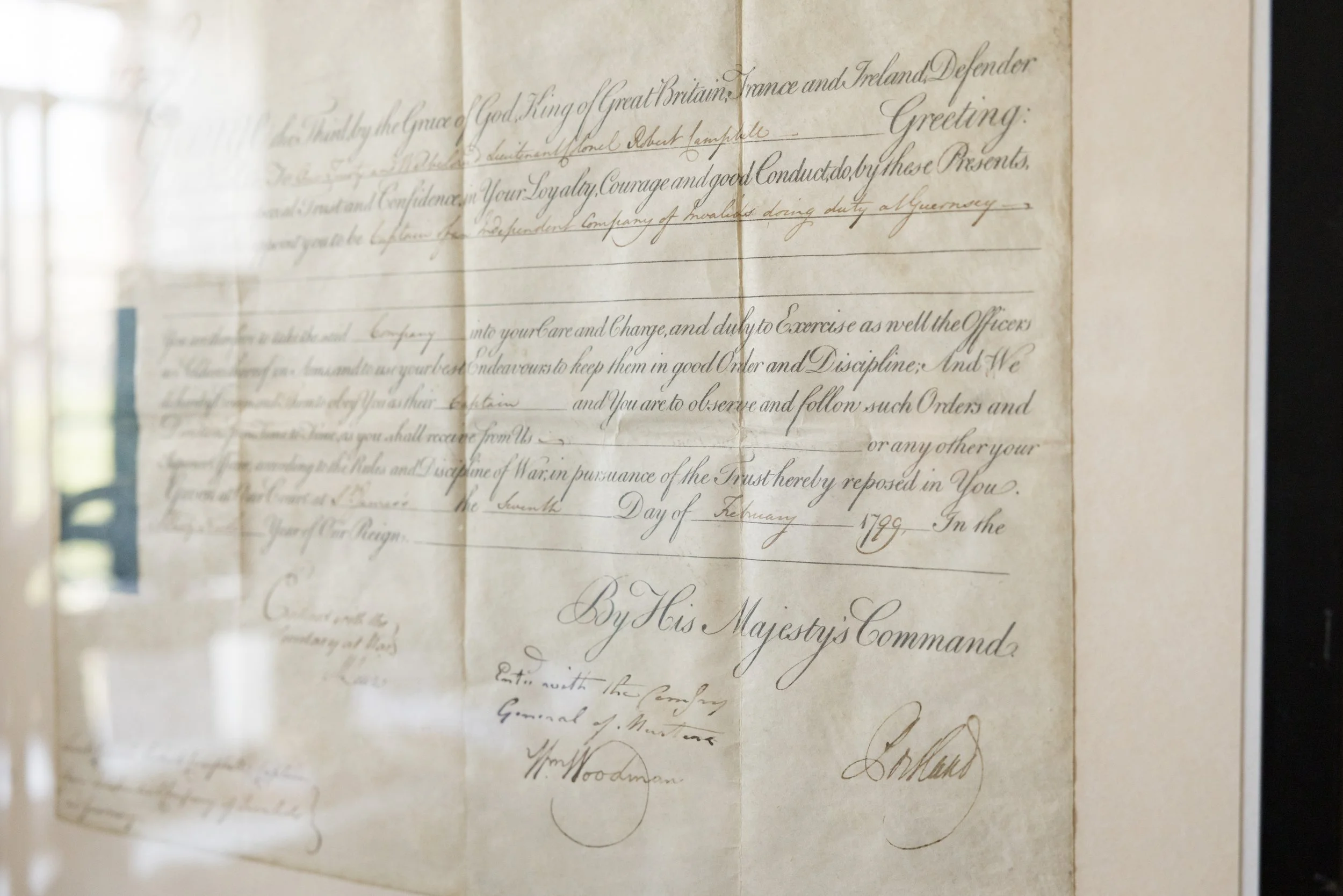 Lower portion of the 1799 Royal Military Commission showing manuscript endorsement and paper condition.