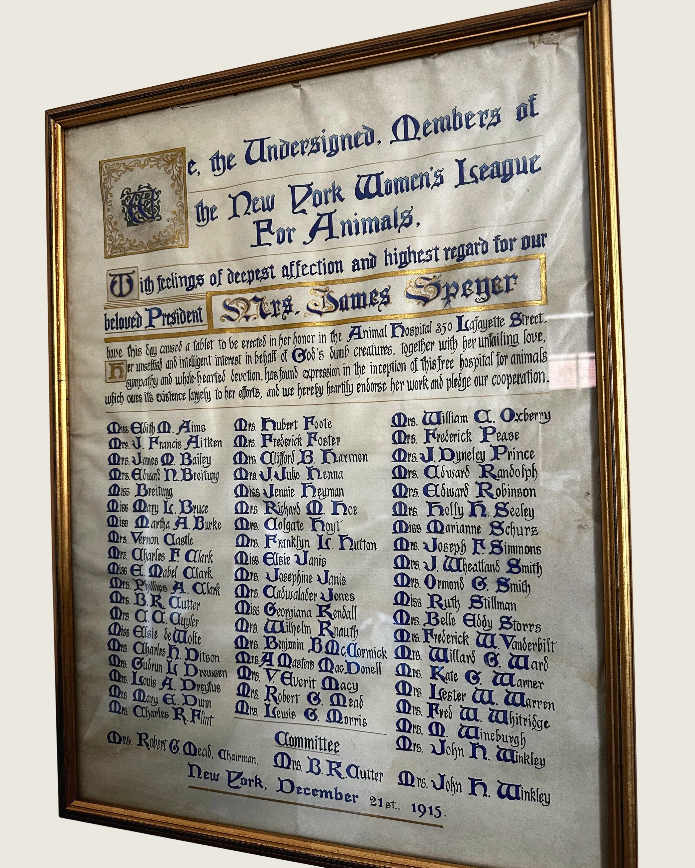 Detail of the 1915 testimonial recording the tablet erected for Ellin Prince Speyer at the Animal Hospital, 350 Lafayette Street.