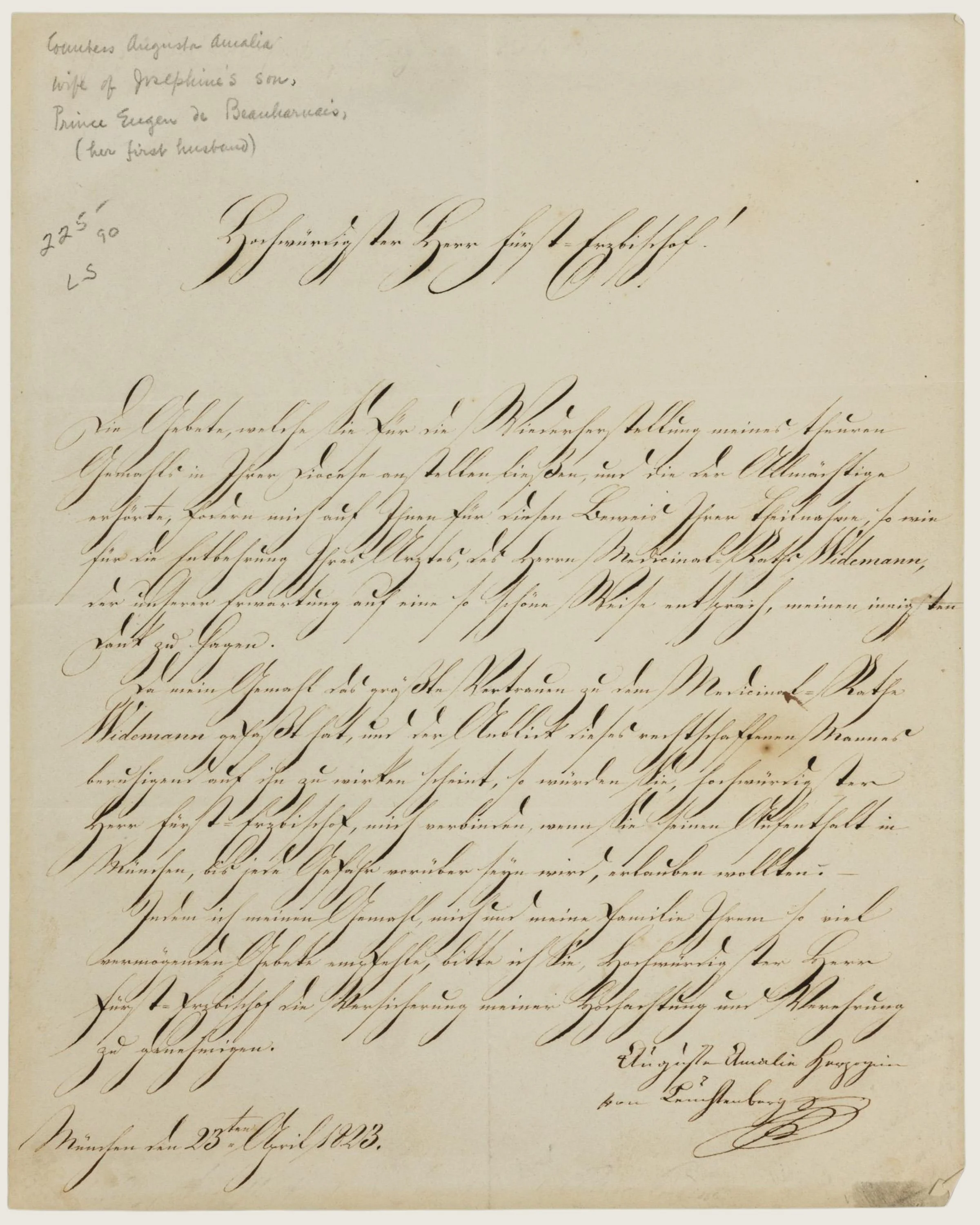 Auguste Amalie of Bavaria: Apparently autograph letter signed concerning Eugène de Beauharnais, Duke of Leuchtenberg, 1823
