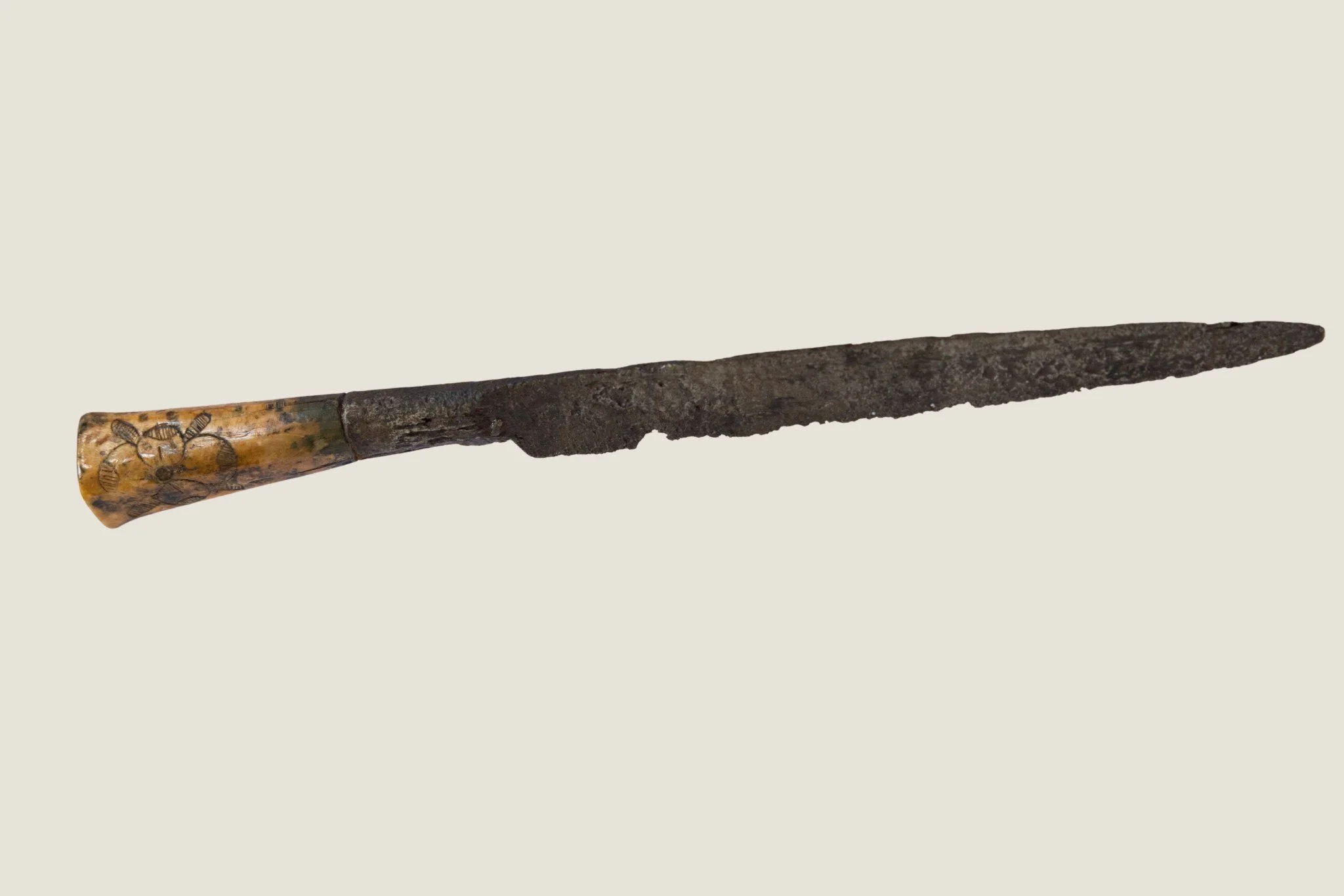 Stuart-Period Iron Knife with Carved Bone Handle, 17th Century