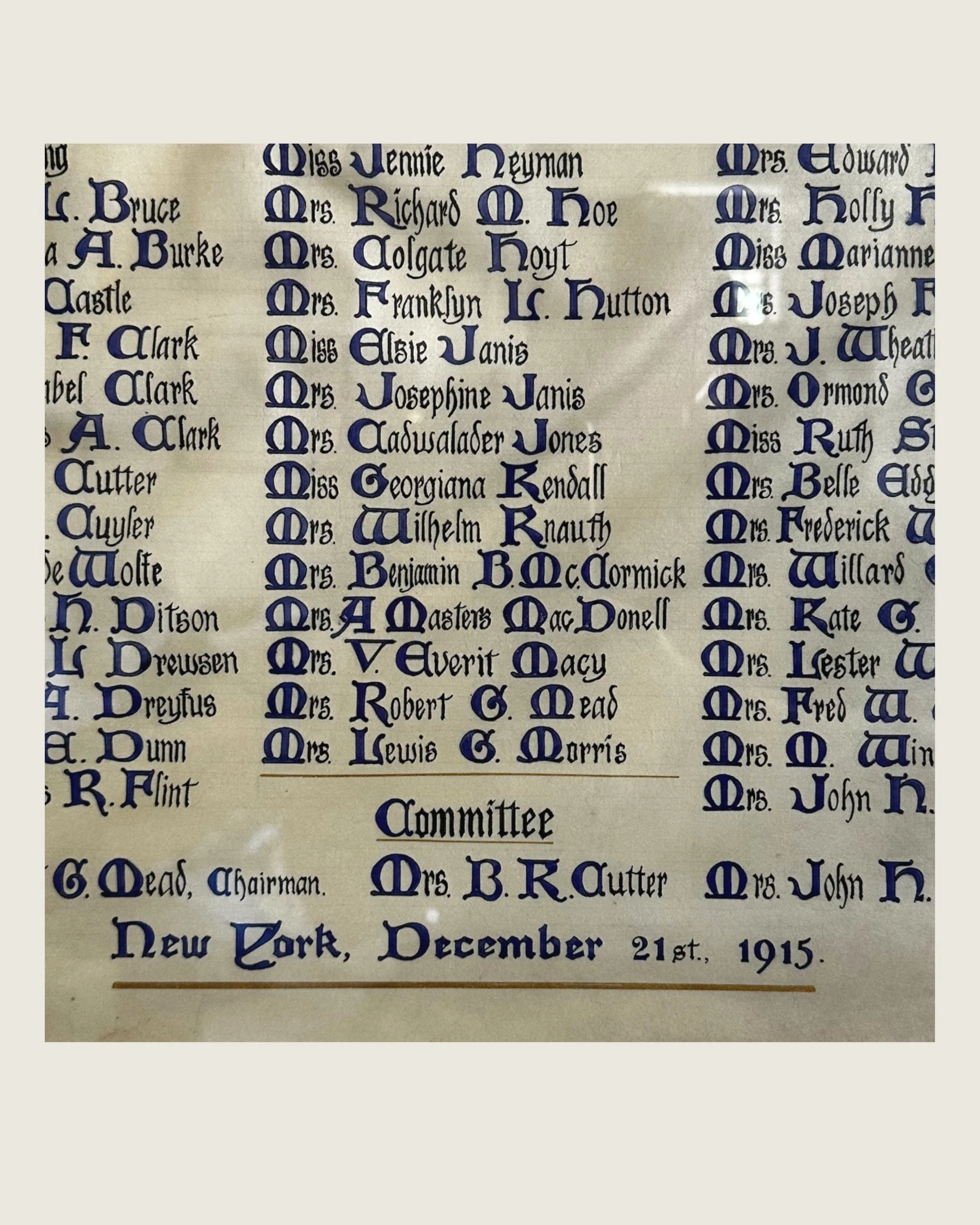 Lower portion of the Ellin Prince Speyer testimonial showing the roster of New York Women’s League for Animals members.