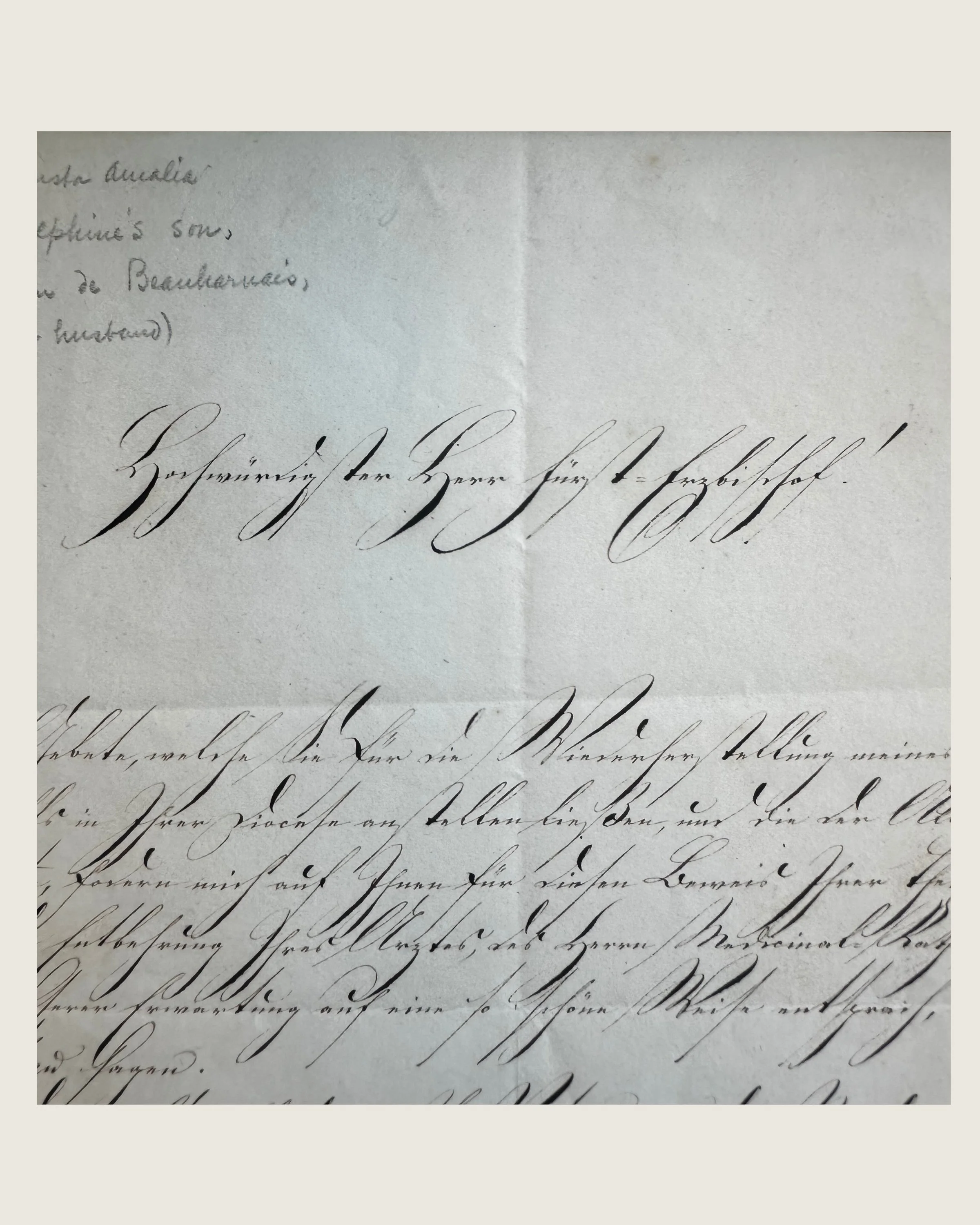 Detail of the opening and salutation of Auguste Amalie of Bavaria’s 1823 manuscript letter.