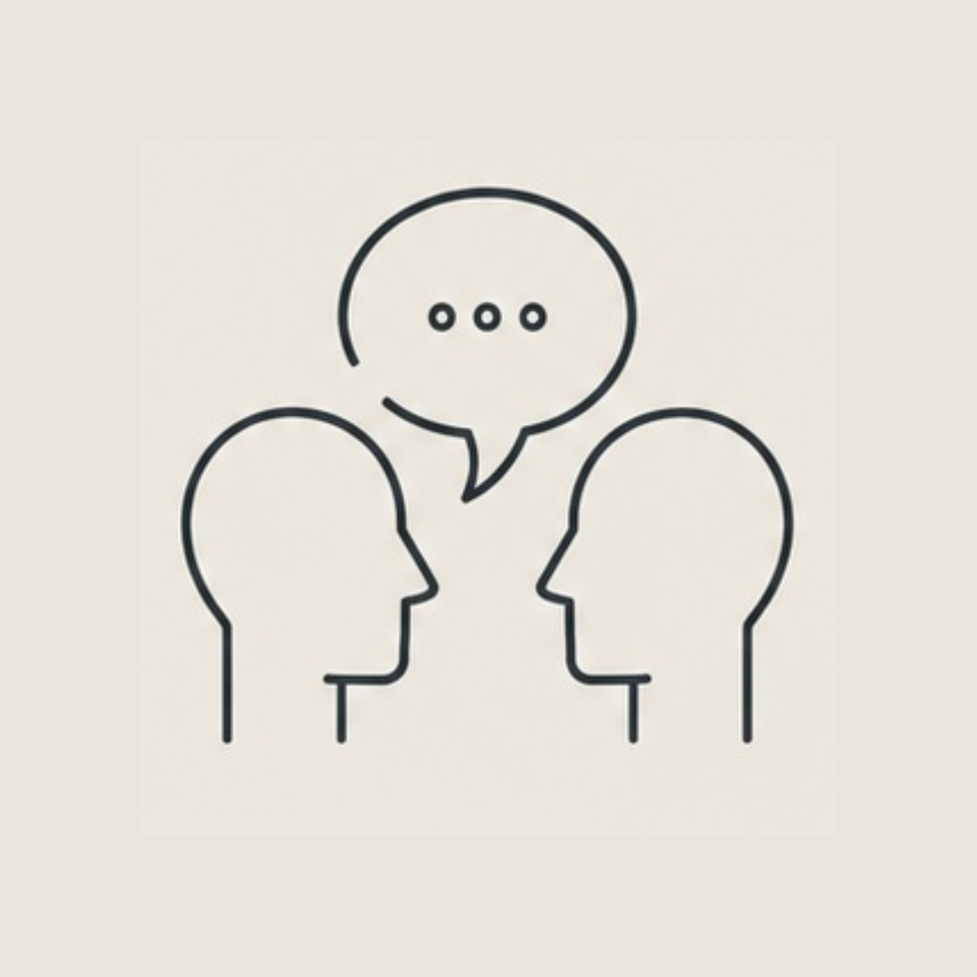 Minimalist line drawing of two human faces in profile, with a word bubble between them