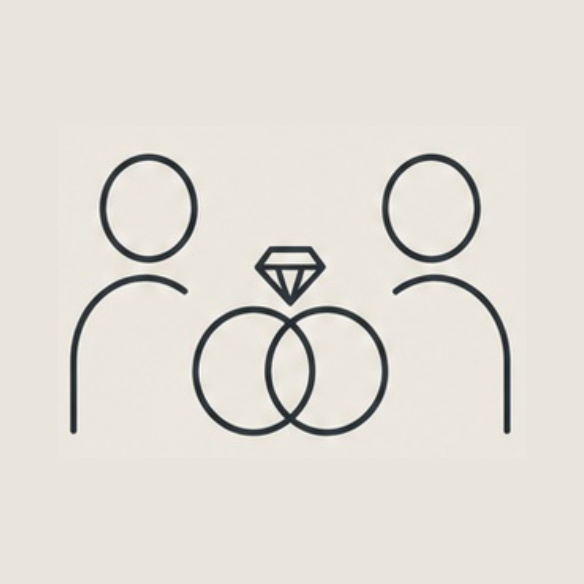Minimalist line drawing of two people and interlocking diamond rings