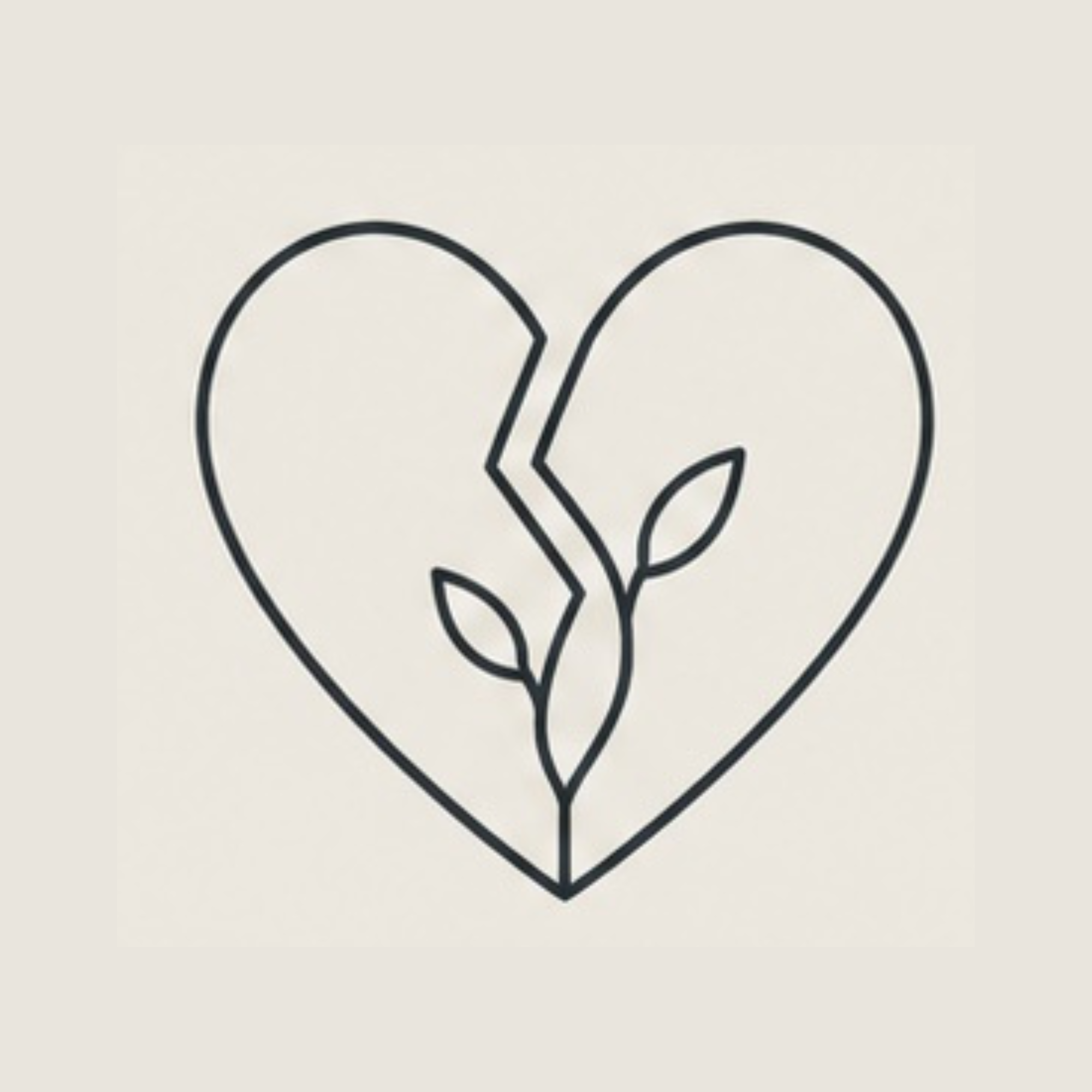 Line drawing of a broken heart with a plant growing inside