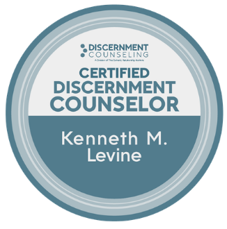 A circular badge displaying certification for a Discernment Counselor, awarded to Kenneth M. Levine.