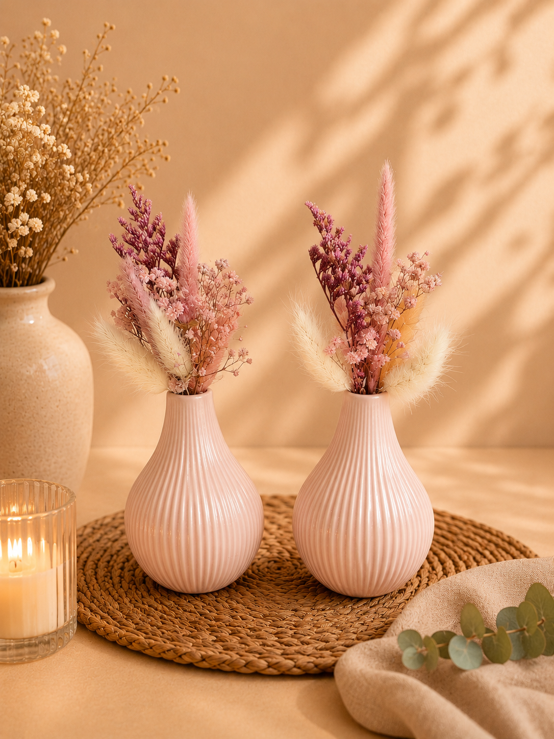 Vase & fleurs séchées rose clair : 1€ 
