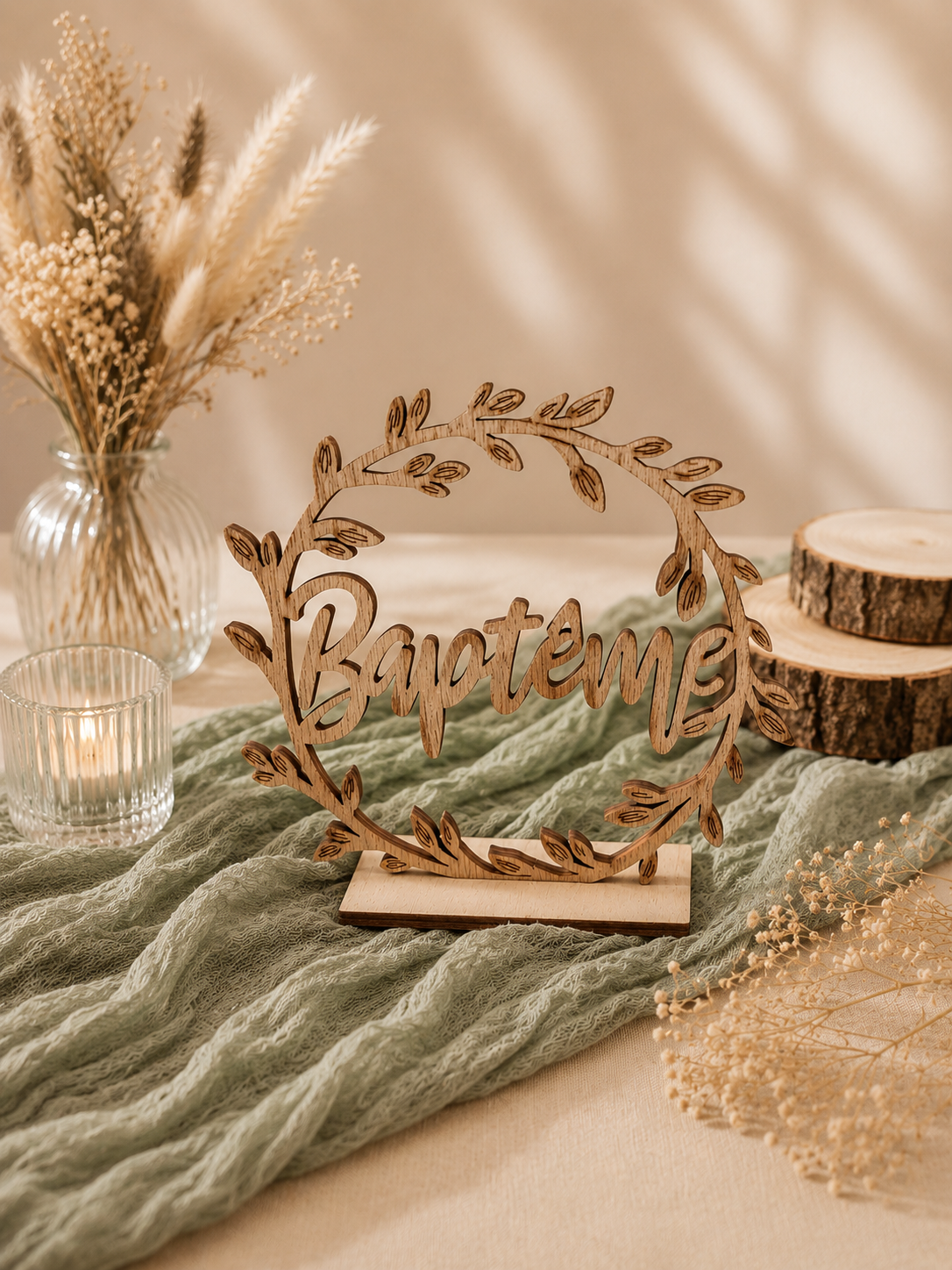 Décoration de table pour un baptême avec un panneau en bois gravé d'une couronne de feuilles et le mot 'Baptême', entouré de fleurs séchées, chandelles et morceaux de bois.