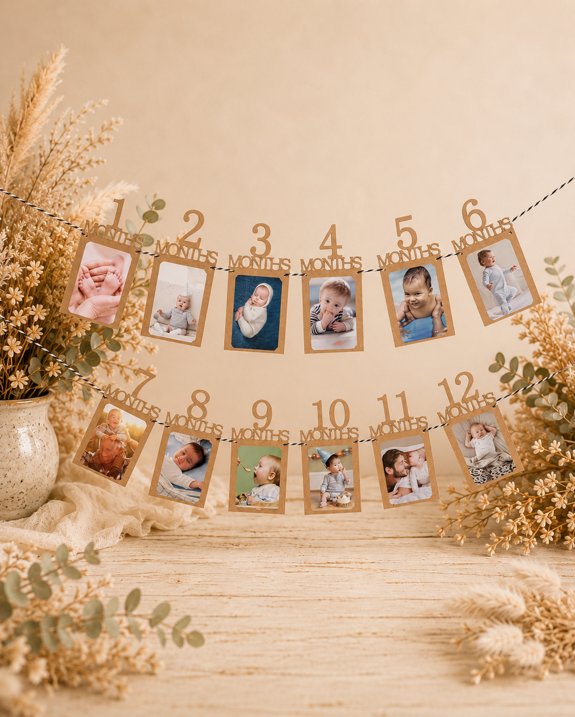 Décor de photos souvenir de bébé avec guirlande de 12 mois, fleurs séchées et pot en céramique