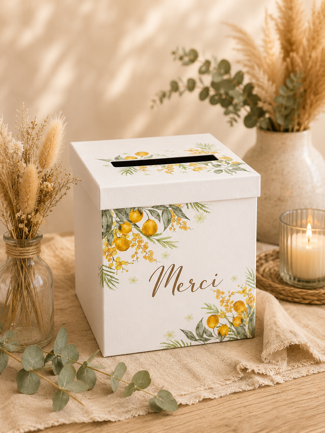Urne Mimosa en location pour mariage, baptême ou anniversaire. Disponible chez Les Jolis Instants sur la Côte d’Opale.
