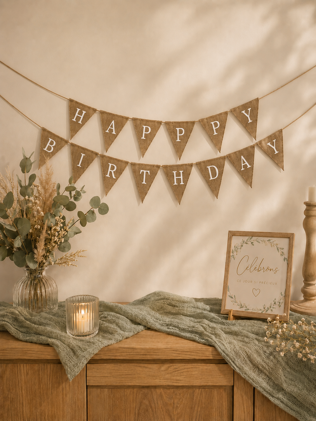 Décor de fête d'anniversaire avec une bannière en tissu marron, lettres blanches, qui dit ''HAPPY BIRTHDAY''. Sur une table en bois, un vase avec des fleurs séchées et un bougeoir avec une bougie allumée. Une affiche avec texte en français "Célébrons ce jour si précieux" entouré de feuilles vertes, une lampe en bois et une branche de fleurs blanches.