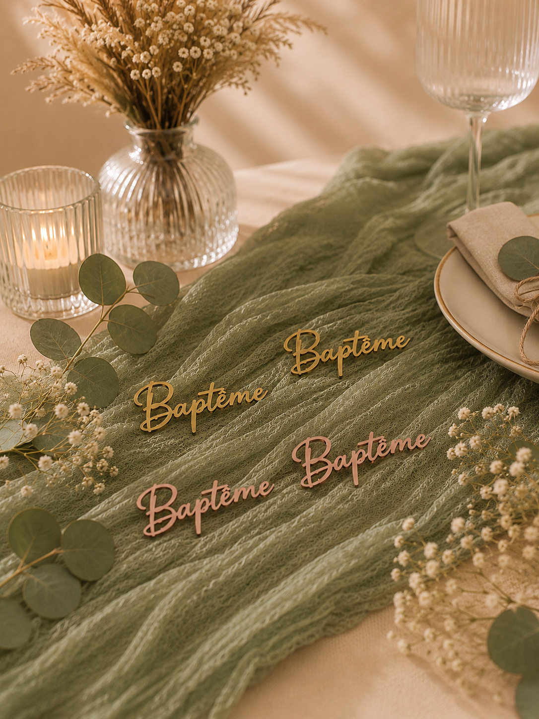 Décoration de table pour une cérémonie de baptême avec des branches de eucalyptus, des fleurs blanches, des bougies dans des vases en verre, et des mots 'Baptême' en bois floréal sur un tissu vert. Présent sur une assiette avec une serviette beige et une petite ficelle.