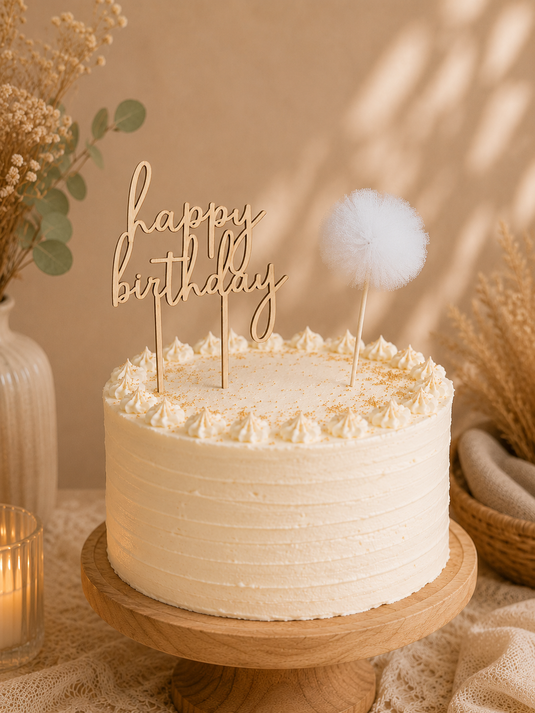 Gâteau d'anniversaire blanc orné de décoration dorée, avec un topper 'happy birthday' et un pompon en coton, entouré de décorations en vases et bougies dans un cadre chaleureux et neutre.
