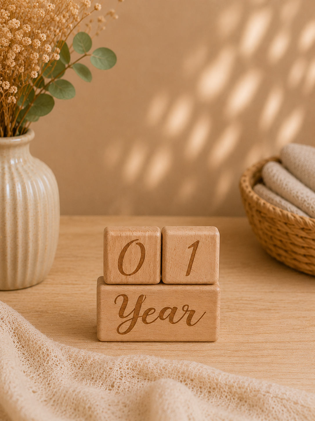 Décor de fête avec un calendrier en bois indiquant 01 et 'Year', une vase avec des fleurs séchées, une corbeille de linges enroulés, ambiance chaleureuse et lumineuse.