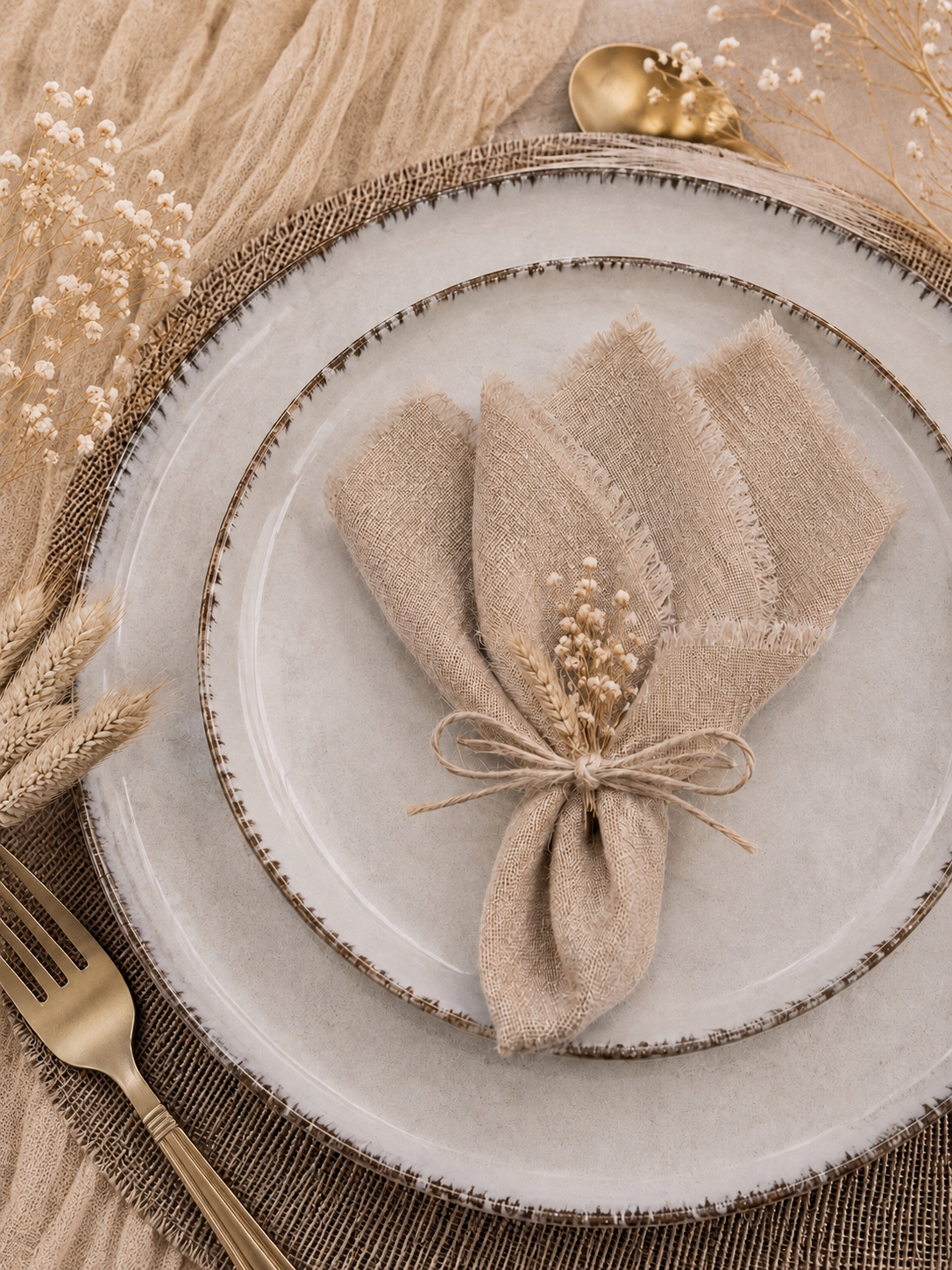 Serviette beige en location pour décoration de table de mariage et d’événement.

