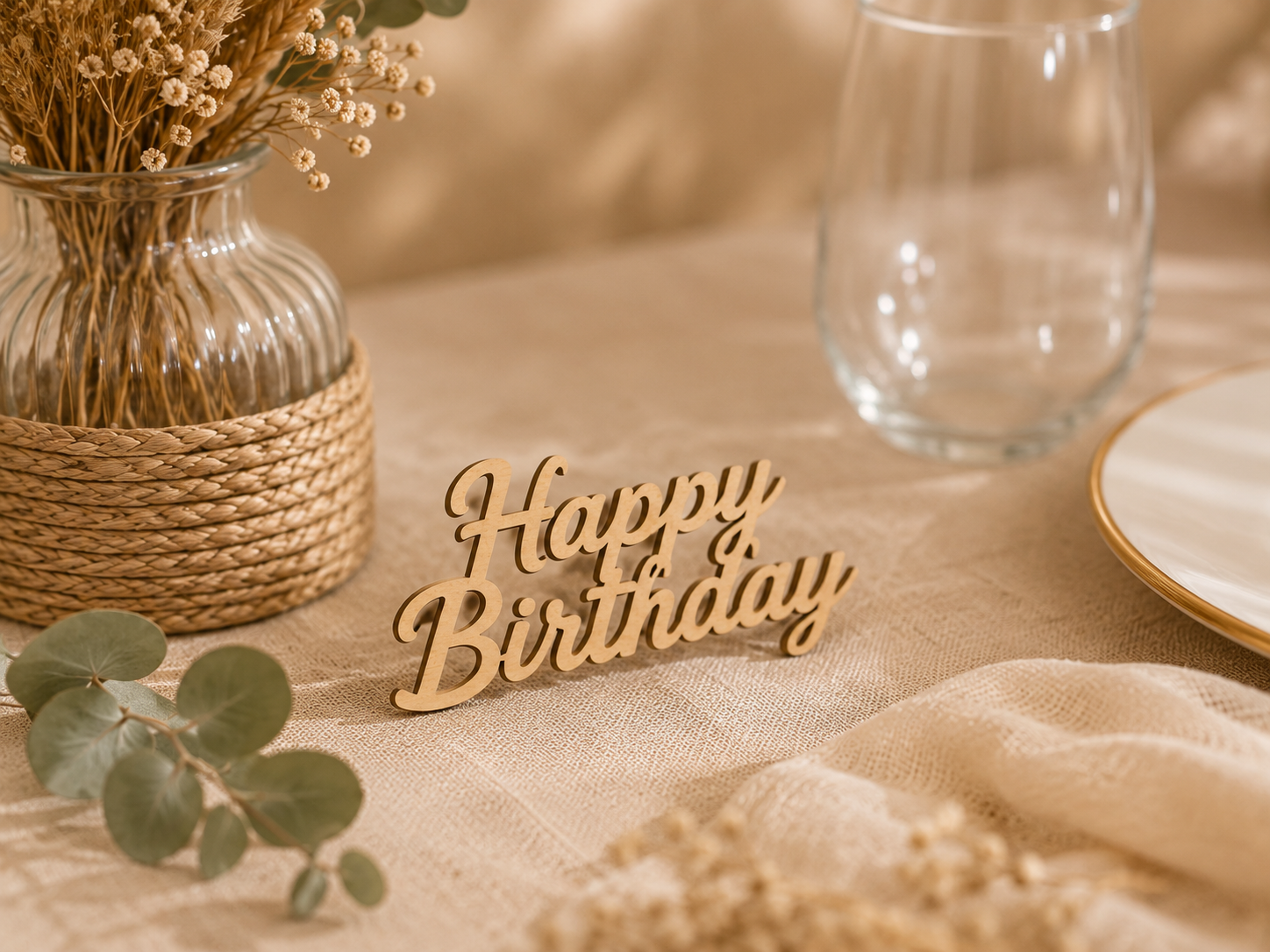 Décor de fête d'anniversaire avec un vase en verre tressé contenant des fleurs séchées, une coupe en verre, une assiette avec une bordure dorée, un texte en bois "Happy Birthday", et des feuilles vertes