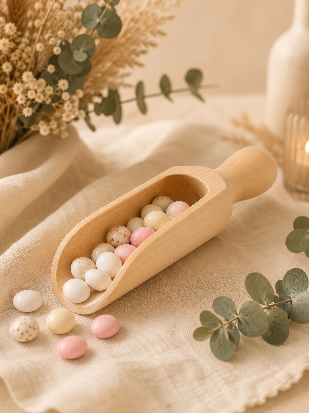Un petit Rateau en bois contenant des œufs décoratifs pastel, disposés sur un tissu beige, avec des branches de eucalyptus, une bougie, une nappe en tissu et un vase blanc en arrière-plan.