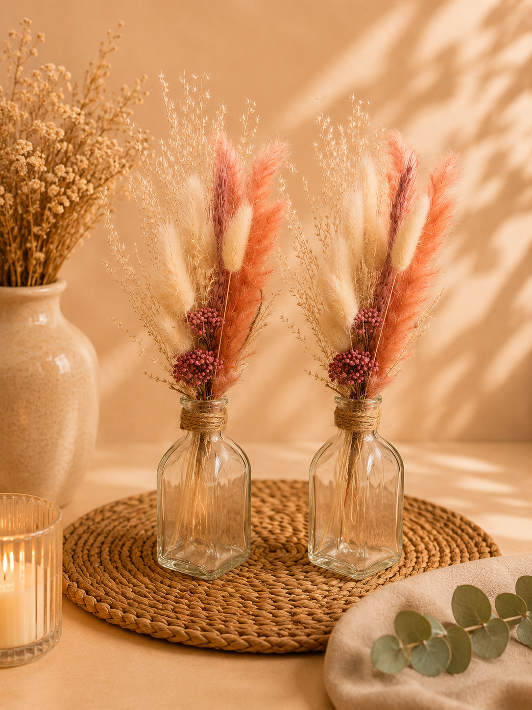 Vase & fleurs séchées rose : 1€ 

