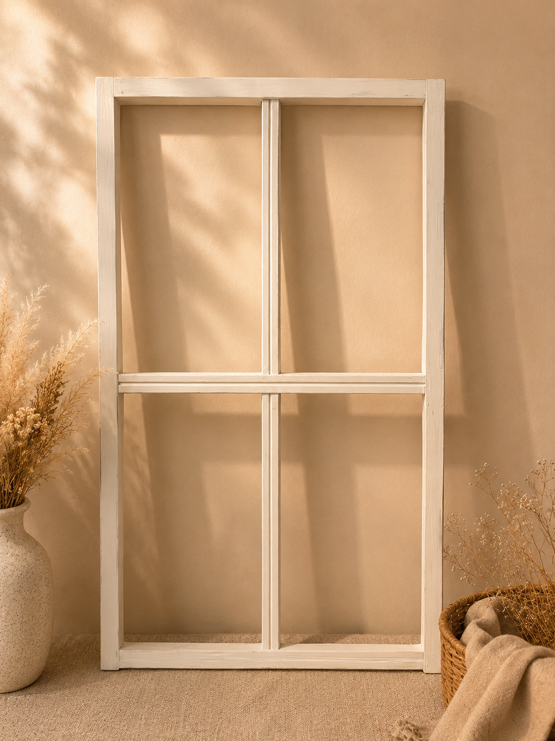 Ancien contour de fenêtre en bois à louer pour décoration de mariage, baptême, anniversaire ou coin photo. Idéal pour une ambiance bohème, champêtre et élégante.