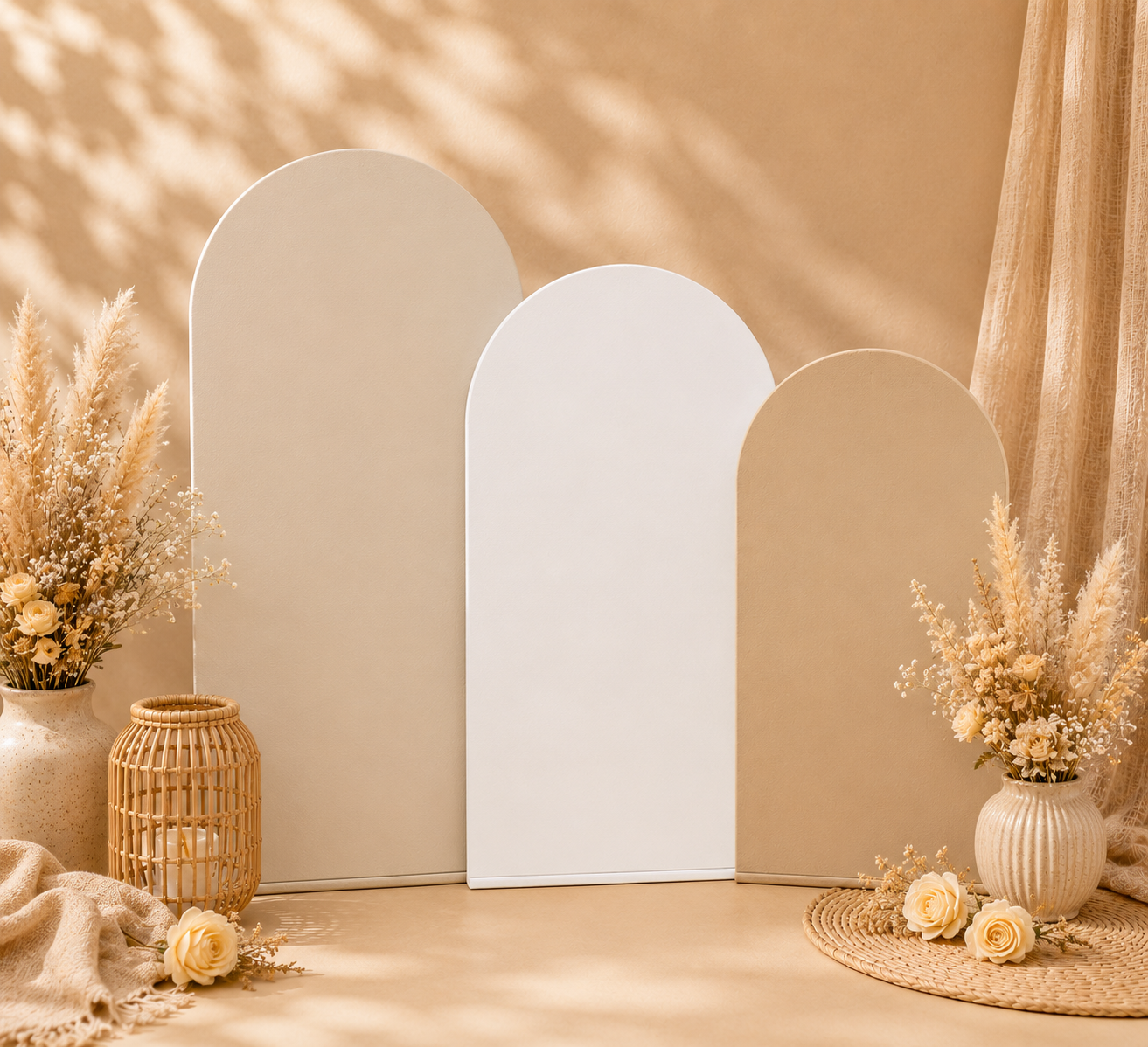 Backdrop Bohème en location pour mariage, baptême, anniversaire, baby shower et événements. Son design élégant aux tons naturels crée un magnifique fond pour un coin photo, une cérémonie ou un buffet. Disponible chez Les Jolis Instants 