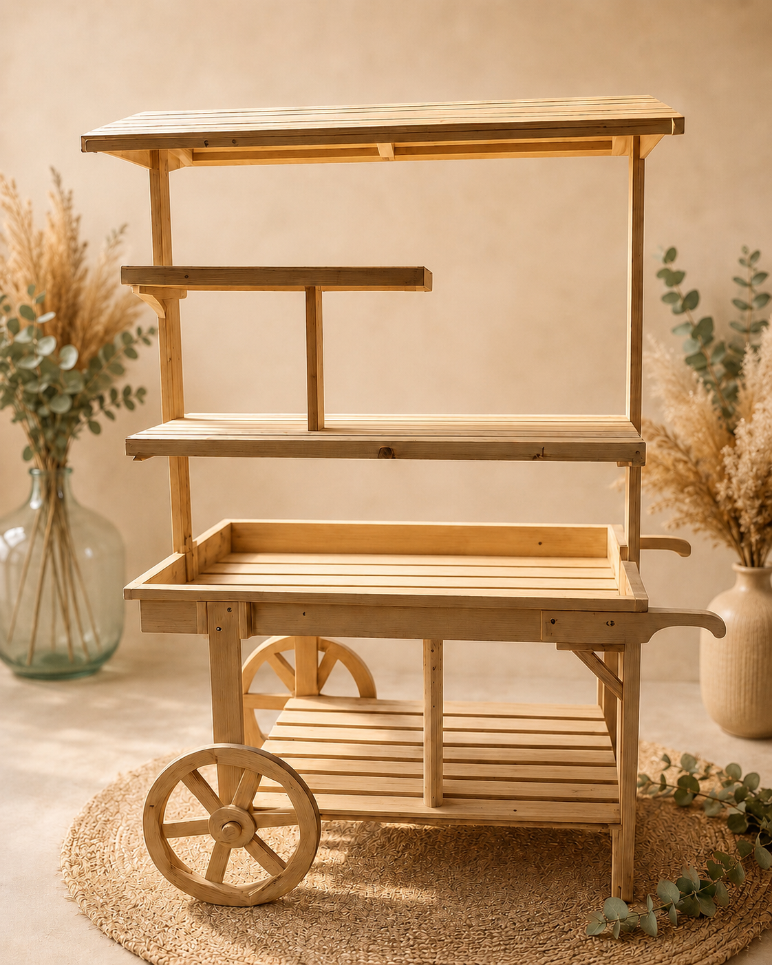 Un meuble en bois avec deux étagères, une grande tablette en bas, une petite en haut, et deux roues en bois à l'arrière, placé sur un tapis rond avec des fleurs artificielles en arrière-plan.