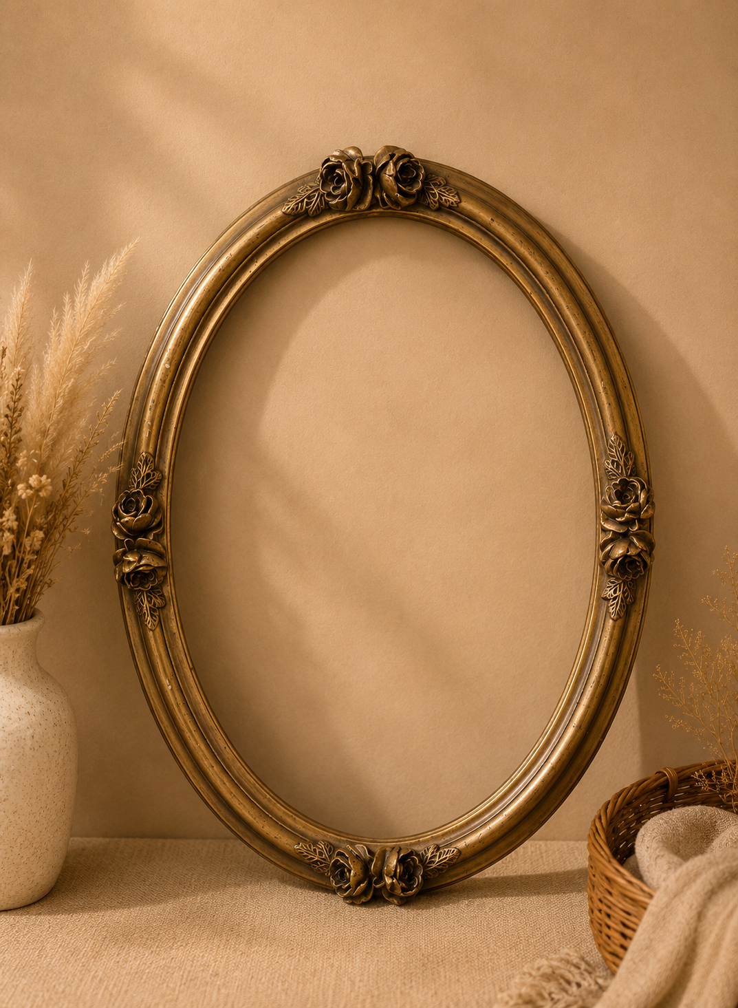 Cadre ovale doré à louer pour décoration de mariage élégante. Idéal pour un coin photo ou une décoration bohème chic.