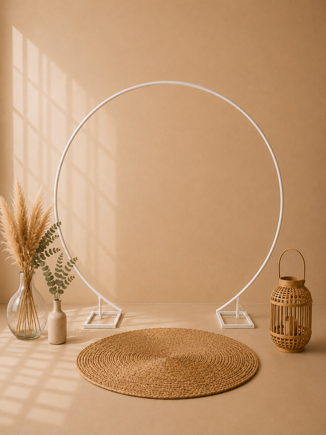 Arche ronde ouverte en métal en location pour mariage, baptême, anniversaire, baby shower et gender reveal. Idéale pour créer un coin photo, une cérémonie laïque ou une décoration élégante avec fleurs, ballons ou voilages. 