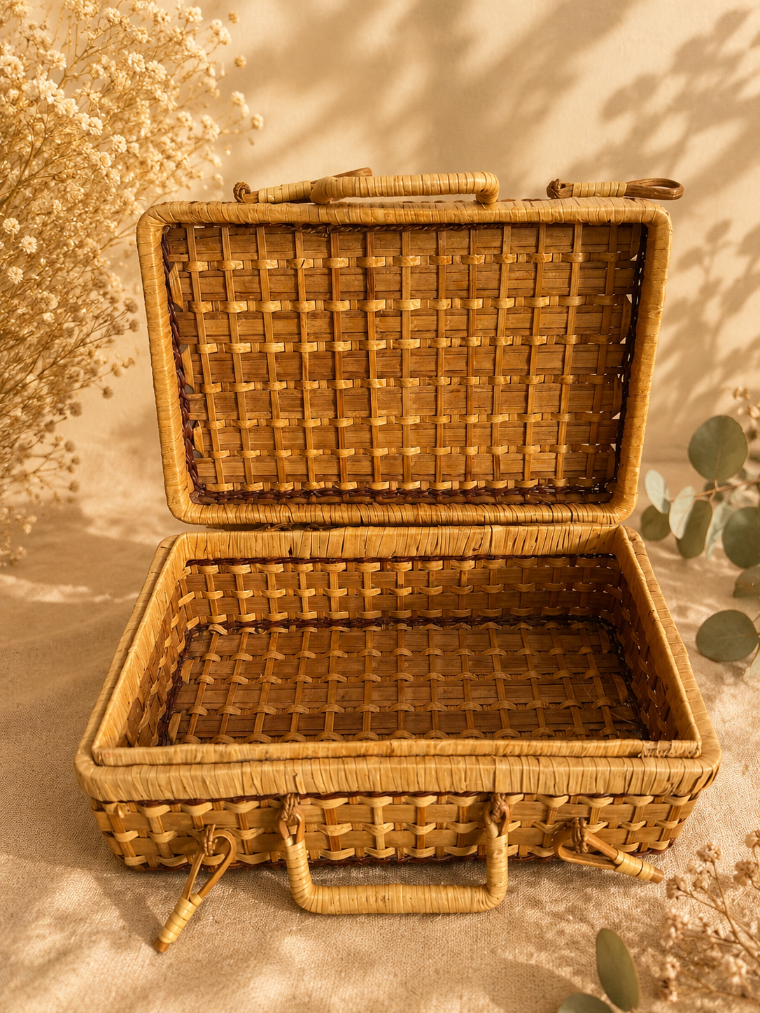 Valise en osier en location pour décoration de mariage et d’événement.

